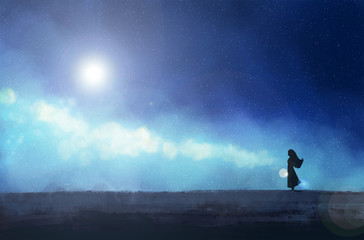 Fototapeta premium The girl stands against the background of the starry sky. Digital painting.