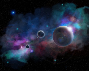 Colorful space star nebula and planets in Space Background. Digital painting.
