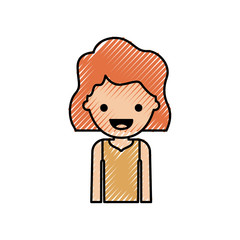 half body people with girl in t-shirt long sleeve and short wavy hair in colored crayon silhouette vector illustration