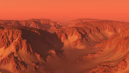 Fotobehang Koraal Mountain Canyon-landschap op Mars met rode lucht - sciencefictionillustratie  © Algol