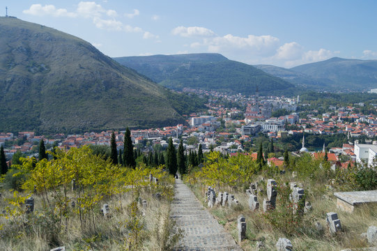 Mostar Old Town and New Town Panorama with Cemetery and Mountain Backdrop, Bosnia and Herzegovina