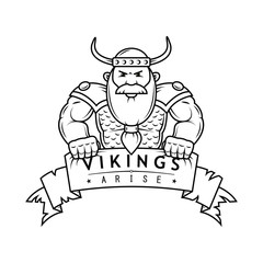 black and white illustration of cartoon Viking with banner
