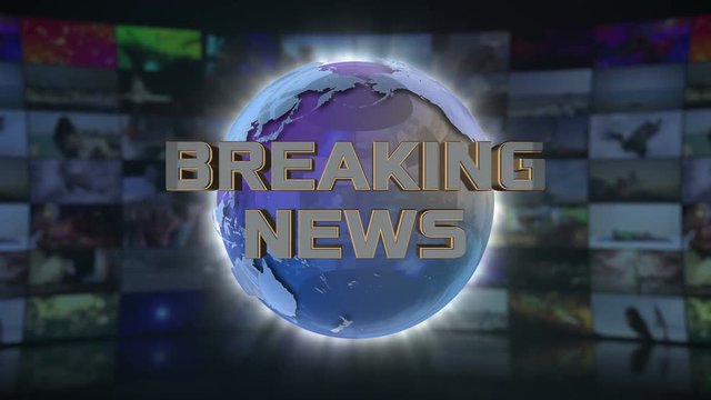 Breaking News On Screen 3D Animated Text Graphics Over Spinning Animated Glass Globe News Broadcast Graphic Title Animation Seamless Looping Motion Background Video Backdrop Blue Cyan