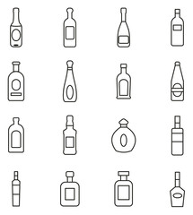 Bottle or Glass Bottle or Liquer Bottle Icons Thin Line Vector Illustration Set