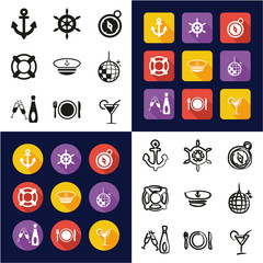 Boat Cruise All in One Icons Black & White Color Flat Design Freehand Set