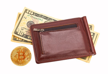 Leather wallet with paper money and gold bitcoin