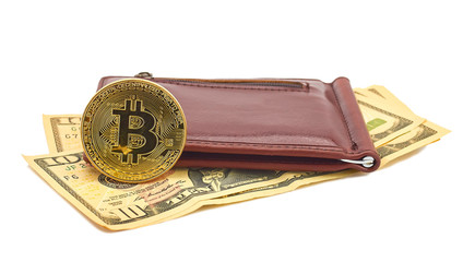 Leather wallet with paper money and gold bitcoin