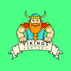 colored illustration of cartoon Viking with banner