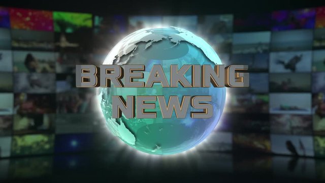Breaking News On Screen 3D Animated Text Graphics Over Spinning Animated Glass Globe News Broadcast Graphic Title Animation Seamless Looping Motion Background Video Backdrop Green Turquoise
