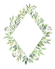 Hand drawn watercolor illustration. Botanical rhombus label with green branches and leaves. Spring mood. Floral Design elements. Perfect for invitations, greeting cards, prints, posters, packing