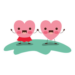 couple heart character kawaii holding hands and her with skirt in jolly expression in colorful silhouette vector illustration