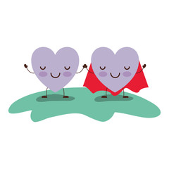 couple heart character kawaii holding hands and him with coat in calm expression in colorful silhouette vector illustration