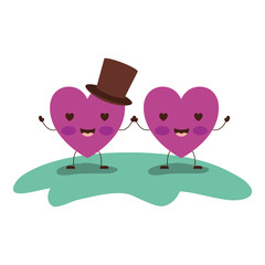 Fototapeta premium couple heart character kawaii holding hands and him with top hat in enamored expression in colorful silhouette vector illustration