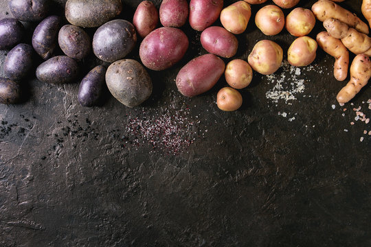Variety of raw uncooked organic potatoes different kind and colors red, yellow, purple with various of salt over dark texture background. Top view, copy space