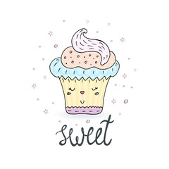 Hand drawn illustration of tasty cupcake. Vector collection.