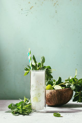 Glass of coconut milk mojito cocktail with fresh mint, limes, crushed ice, retro cocktail tubes...