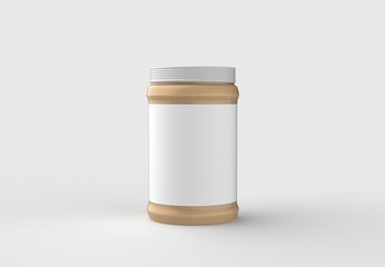 Peanut butter in jar mock up isolated on soft gray background with white label. 3D illustrating.