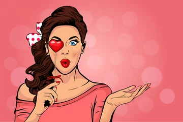 Fotobehang Wow pop art face of surprised fashion girl open mouth with Valentine Heart in hand. Love. Beautiful young woman model pointing hand, advertising gesture.  © Brazhyk