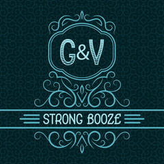 Strong booze label design template. Patterned vintage monogram with text on seamless pattern background.