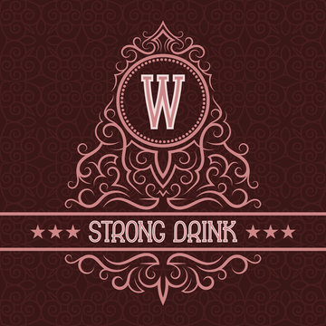 Strong drink label design template. Patterned vintage monogram with text on seamless pattern background.