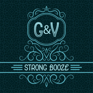 Strong booze label design template. Patterned vintage monogram with text on seamless pattern background.