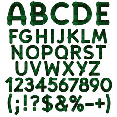 Alphabet, letters, numbers and signs from green cloth tartan. Isolated vector objects on white background.