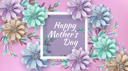 Abstract Festive Background with Flowers and a Rectangular Frame. Happy Mother's Day. Women's Day, March 8. Paper cut Floral Greeting Card. Vector illustration - 190084299