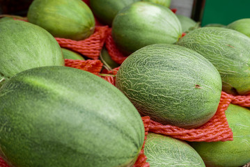 melon placed for sale on booth at market.