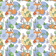 Seamless pattern with doodle foxes and woods. Wild background with cute scandinavian animals