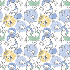 Seamless pattern with doodle foxes and woods. Wild background with cute scandinavian animals