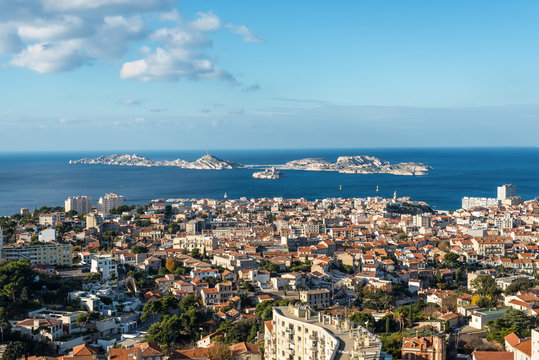 Aerial panoramic view of Marseille from basilica of Notre Dame de la Garde in Marseille, Provence, France.