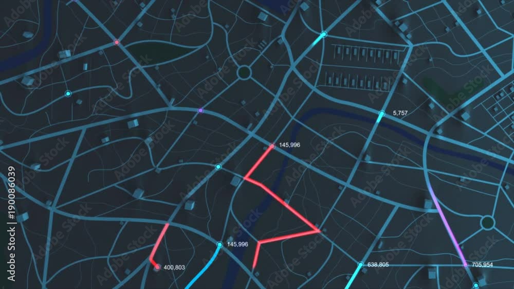 Poster 4k animation aerial view of night map with 3d building and destination moving location path with gra