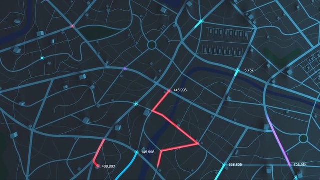 4K animation aerial view of night map with 3d building and destination moving location path with grain processed