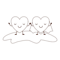 couple heart character kawaii holding hands and him with coat in calm expression in brown dotted contour vector illustration