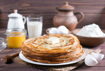 Pancakes. Thin pancakes for breakfast. Russian bliny. Maslenitsa.
