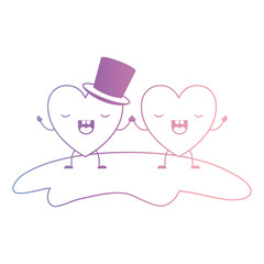 couple heart character kawaii holding hands and him with top hat in frightened expression in degraded blue to purple color contour vector illustration