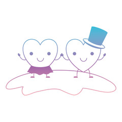 couple heart character kawaii holding hands and her with skirt and him with top hat in smiling expression in degraded blue to purple color contour vector illustration