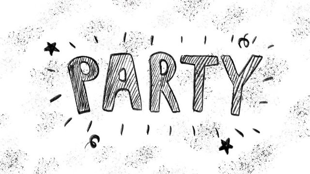 Hand drawn animation of PARTY word on grunge background.