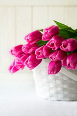 Violet tulips bouquet in basket in front of white wooden wall. Space for copy