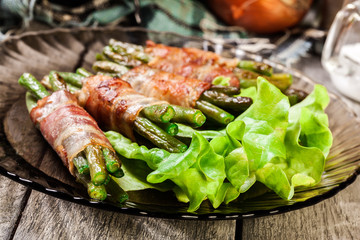 Fried green bean wrapped in smoked bacon