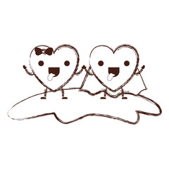 couple heart character kawaii holding hands and him with coat and her with topknot in funny expression in brown blurred contour vector illustration