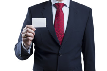 Photo of businessman wearing suit holding blank card on white background