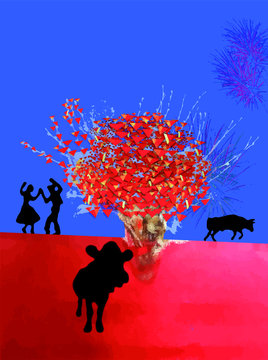 Ombres danse taureau vache autour d'un bouquet abstrait d'artifice rouge et de f&ecirc;tes dans un ciel bleu