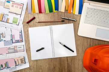 architectural drawings with samples of materials