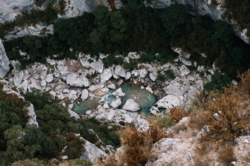 People rafting on wild Verdon river, aerial view from above, Provence, south France