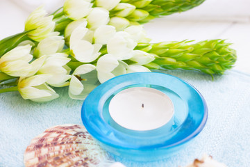 Aromatherapy Spa Concept with a fragrant candle in a blue candle holder, terry towels, sea shells and white flower on white wooden background