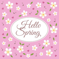 Vector pattern of flying white flowers, green leaves, notes, hearts with inscription  «Hello spring» on pink background.