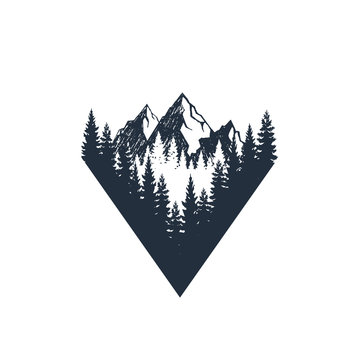 Hand drawn travel badge with fir trees and mountains textured vector illustrations.