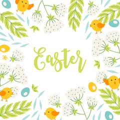 Easter greeting card with chicken, flowers, leaves and eggs
