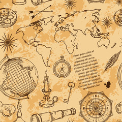 Seamless pattern with globe, compass, world map and wind rose. Vintage science objects set in steampunk style. Vector illustration